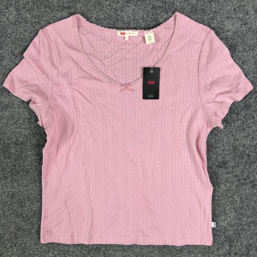 Levi's Top Womens XL Pink Pointelle Knit Lace Trim Slim Fit NWT Short Sleeve